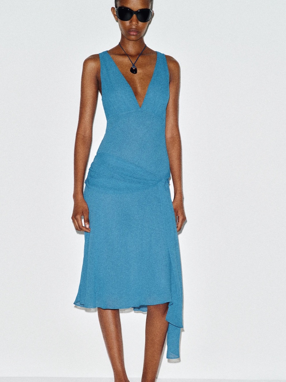 Reformation Teal V-Neck Asymmetrical Midi Dress
